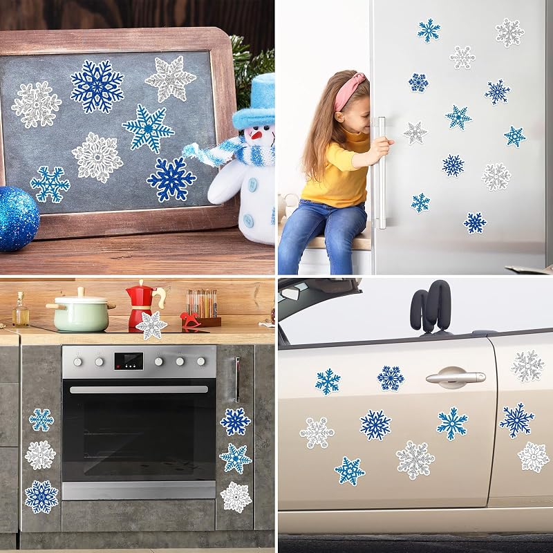 Whaline Blue Silver Snowflake Refrigerator Magnets - 15 Pcs Christmas Kitchen Door & Car Decor