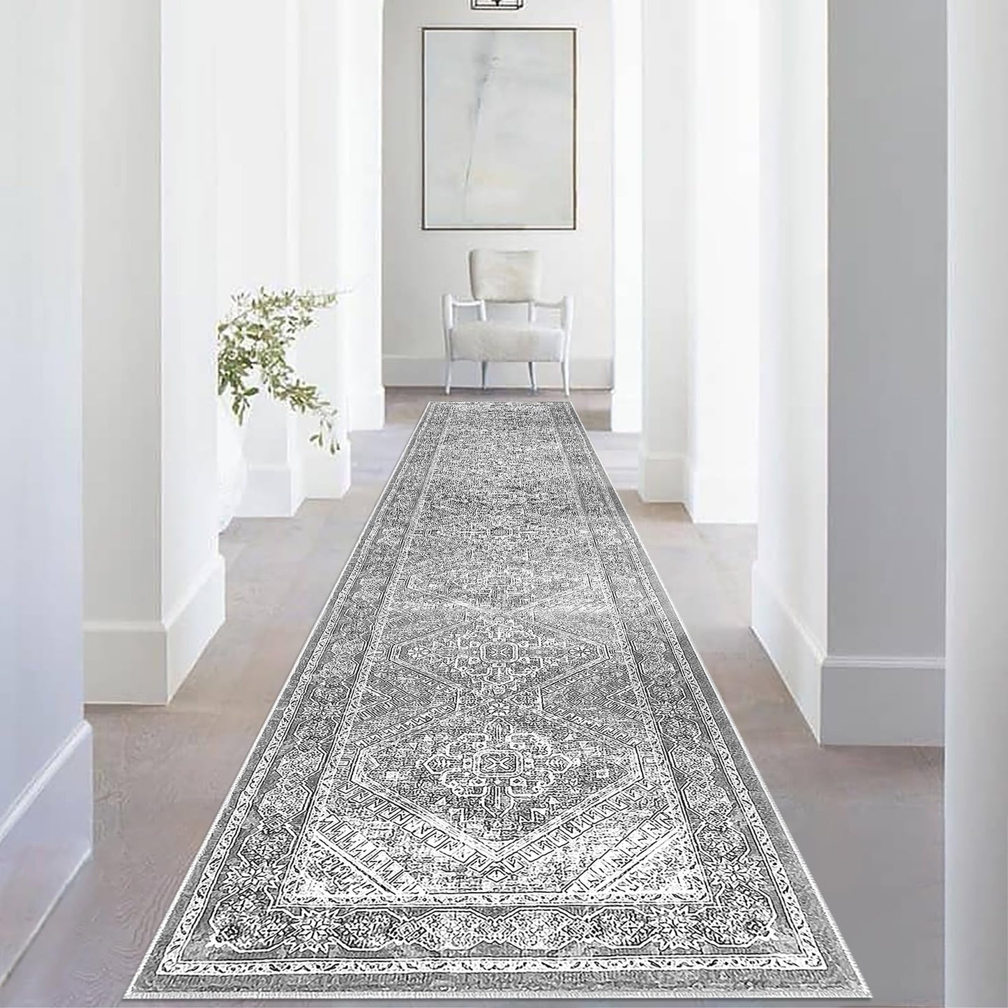 KUTA Medallion Washable Runner Rug 2.6x14, Non-Slip Hallway Kitchen Runners Grey with Rubber Backing, Ultra Soft Printed Distressed Oriental Vintage Extra Long 14ft Stairs Carpet Rugs