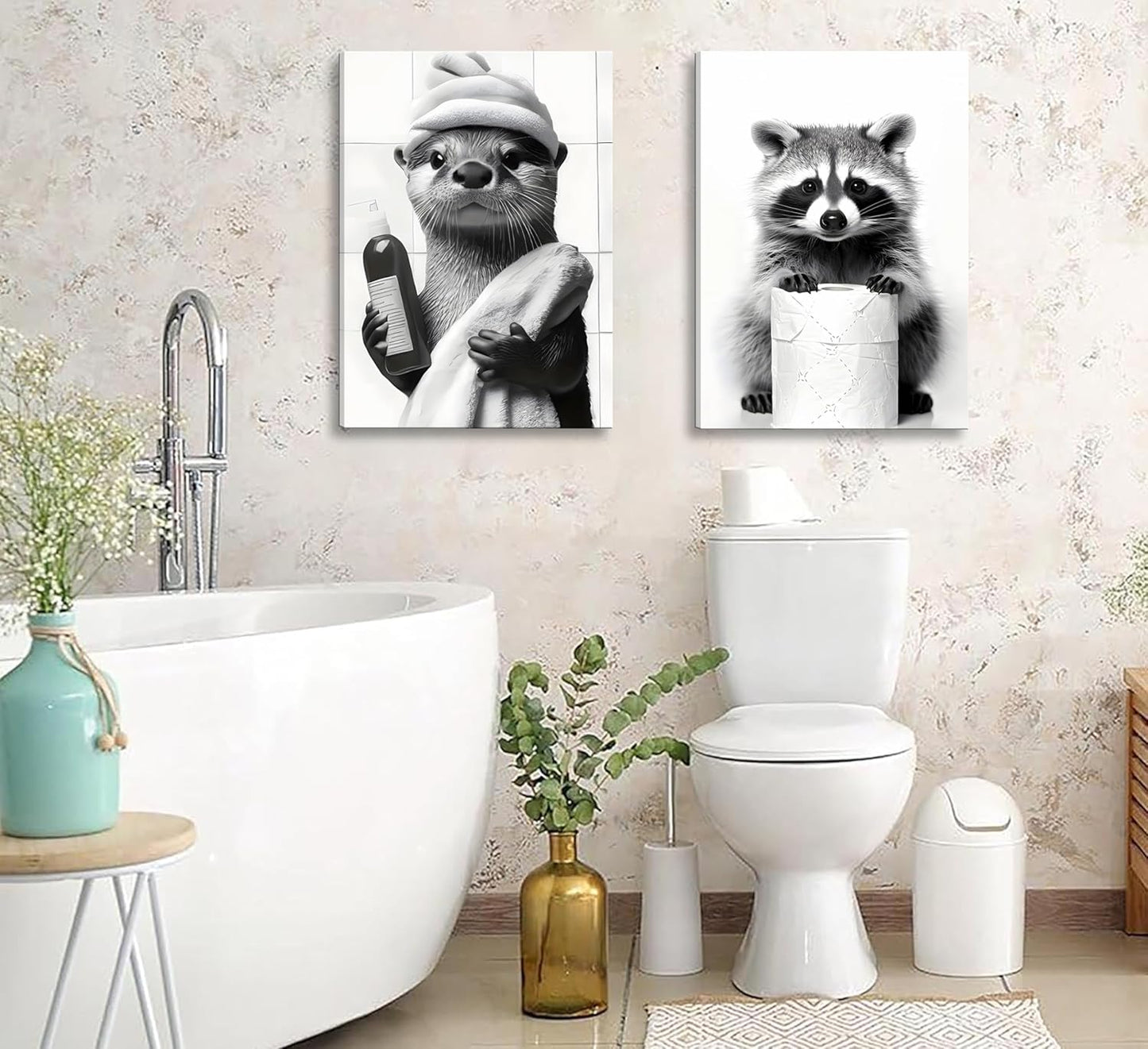 Regine Switzerland 3-Pc Framed Black & White Animal Bathroom Wall Art - Humorous Bear & Cute Raccoon Prints