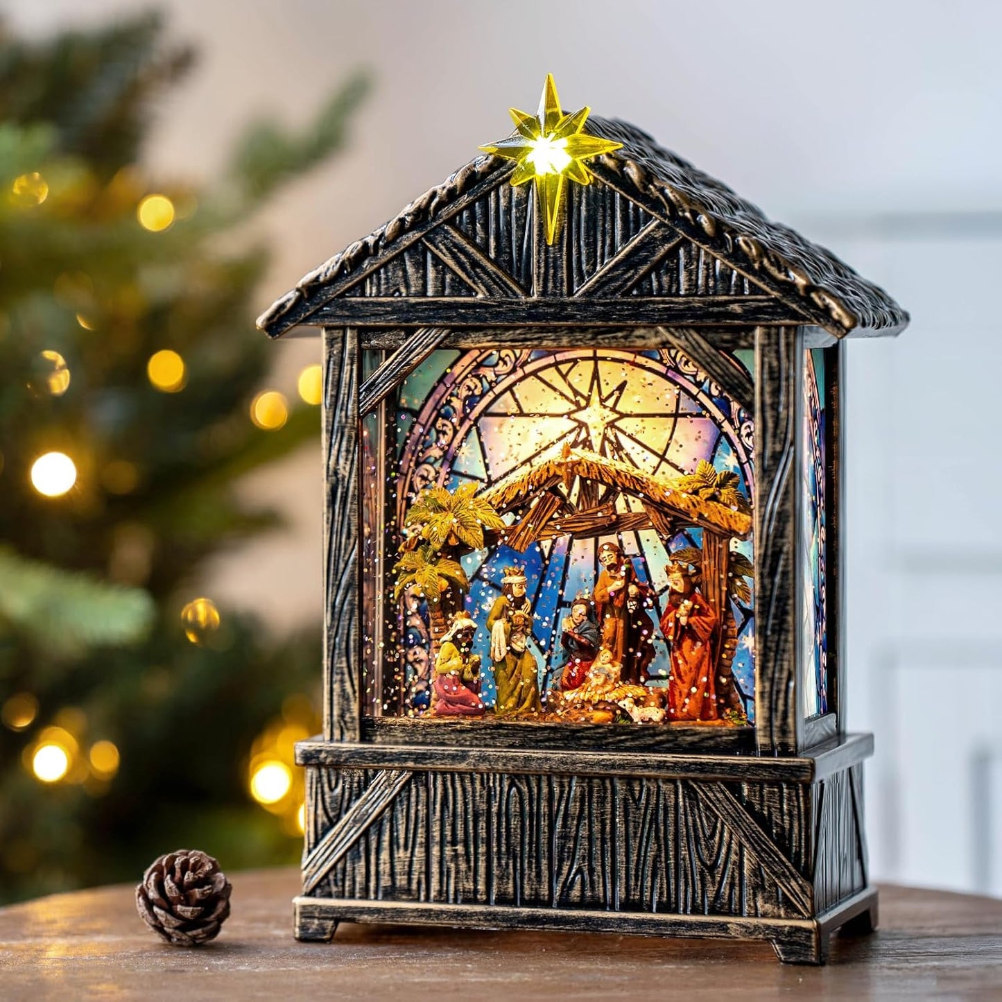 Regine Switzerland Christmas Snow Globe Lantern - Musical Nativity Scene Decor | 6-Hour Timer, USB/Battery Operated