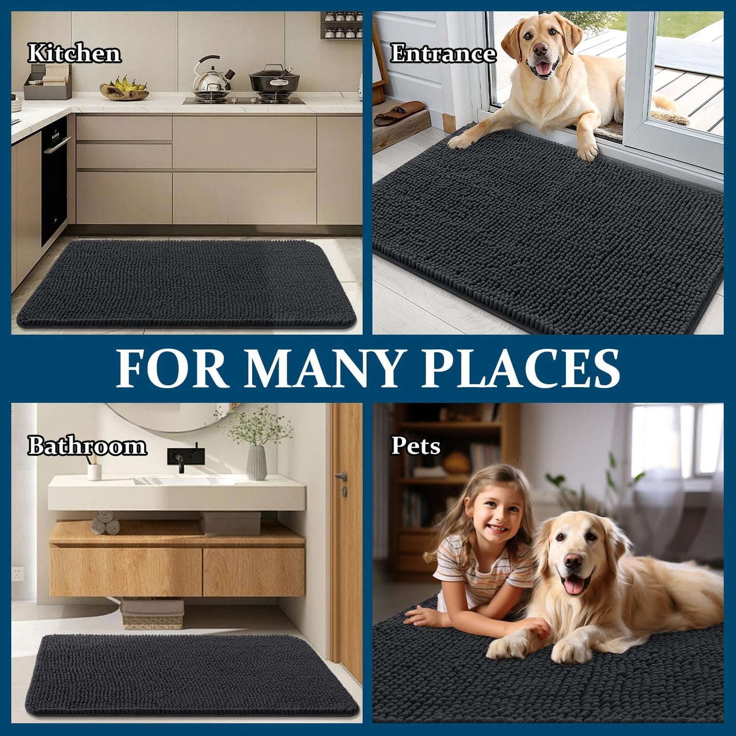 OLANLY Dog Door Mat - Absorbent Non-Slip Chenille Mat for Muddy Paws | 47x32, Dark Grey