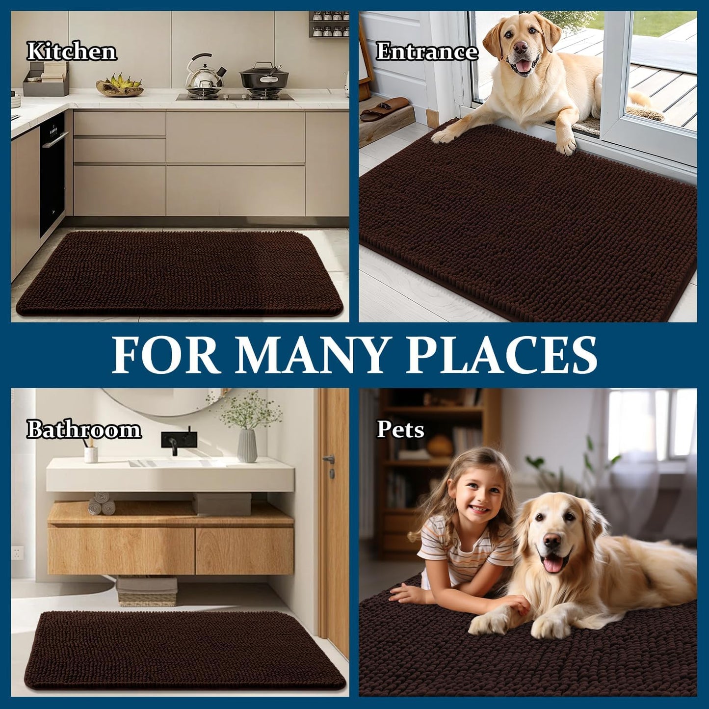 OLANLY Dog Door Mat - Absorbent Non-Slip Chenille Mat for Muddy Paws | 48x30 Inches, Brown