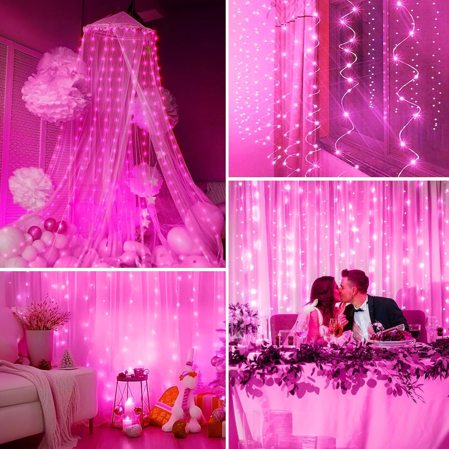Minetom 300 LED Curtain Lights - Dimmable Fairy Lights with Remote & Timer | USB Powered Pink Decor
