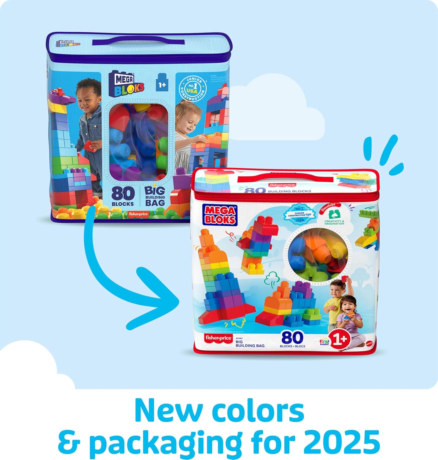 MEGA BLOKS First Builders Toddler Blocks Set - 80-Piece Big Building Bag with Storage, Blue | Ages 1+