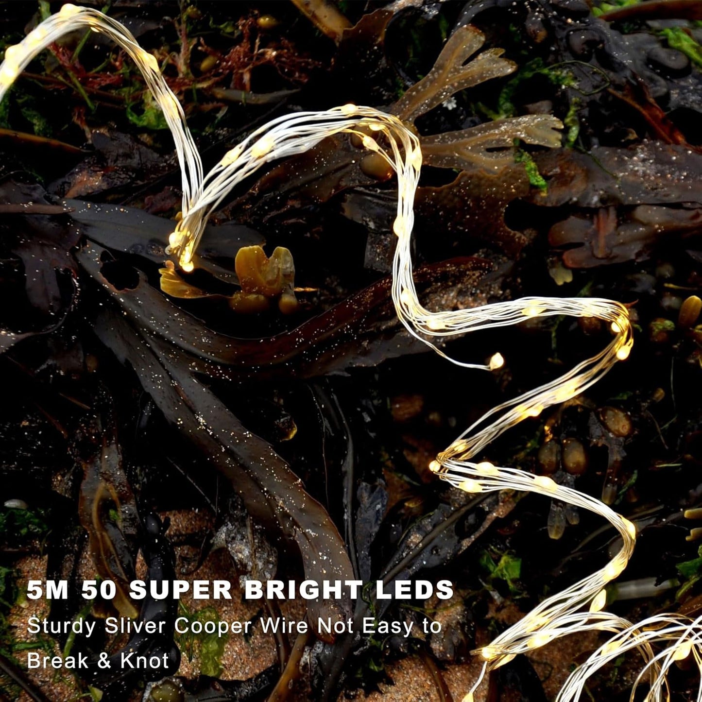 Timer Fairy Lights - 50 LEDs 16.4Ft Silver Copper Wire String Lights | Battery Operated with 5 Lighting Modes for Christmas & Weddings