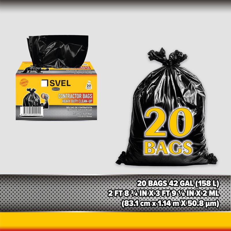 Svel Heavy Duty Industrial Contractor Bags 42 gallons 2 Mil (20 Bags) - 33" x 48" Thick and Tough Trash Bag for Construction, Commerical, Yard, Outdoor use.