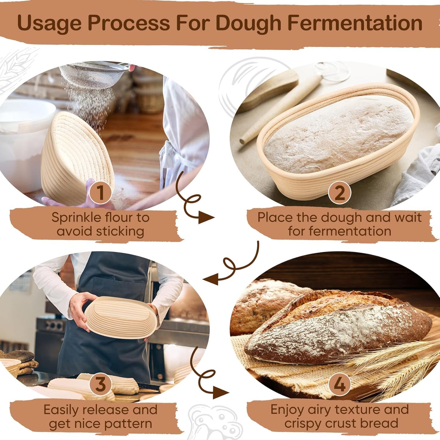 TeamFar Sourdough Bread Proofing Basket Set - 10 Inch Oval Baskets with Liner for Perfect Dough Fermentation