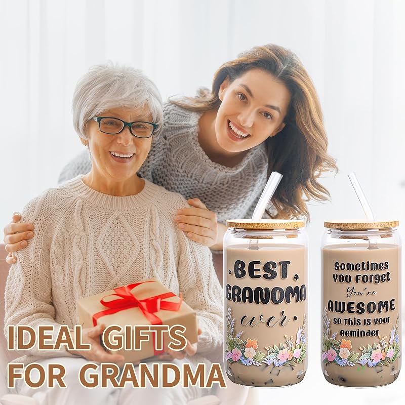 Can Glass Coffee Mug with Lid & Straw 16 Oz Gift for Grandma Variation: flower awesome grandma