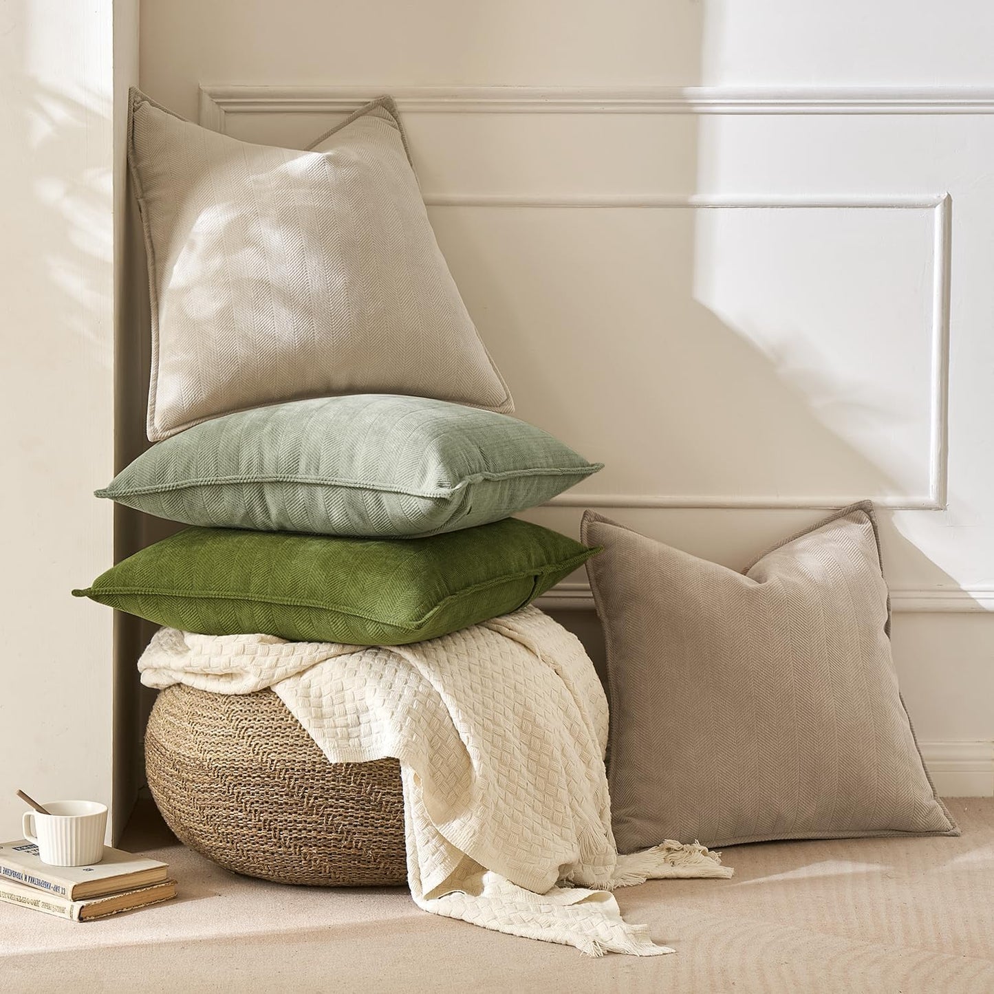 MIULEE Decorative Pillow Covers - Soft Chenille Moss Green | 18x18 Inch Farmhouse Cushion for Sofa & Bedroom