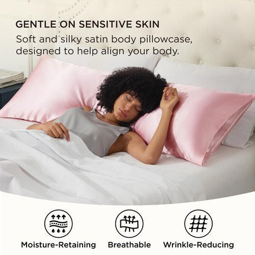 Bedsure Body Pillow Cover 20x54 Inches - Pink Satin Similar to Silk Pillowcase for Hair and Skin, Cooling and Silky Long Body Pillow Pillowcase with Envelope Closure, Gifts for Women Men