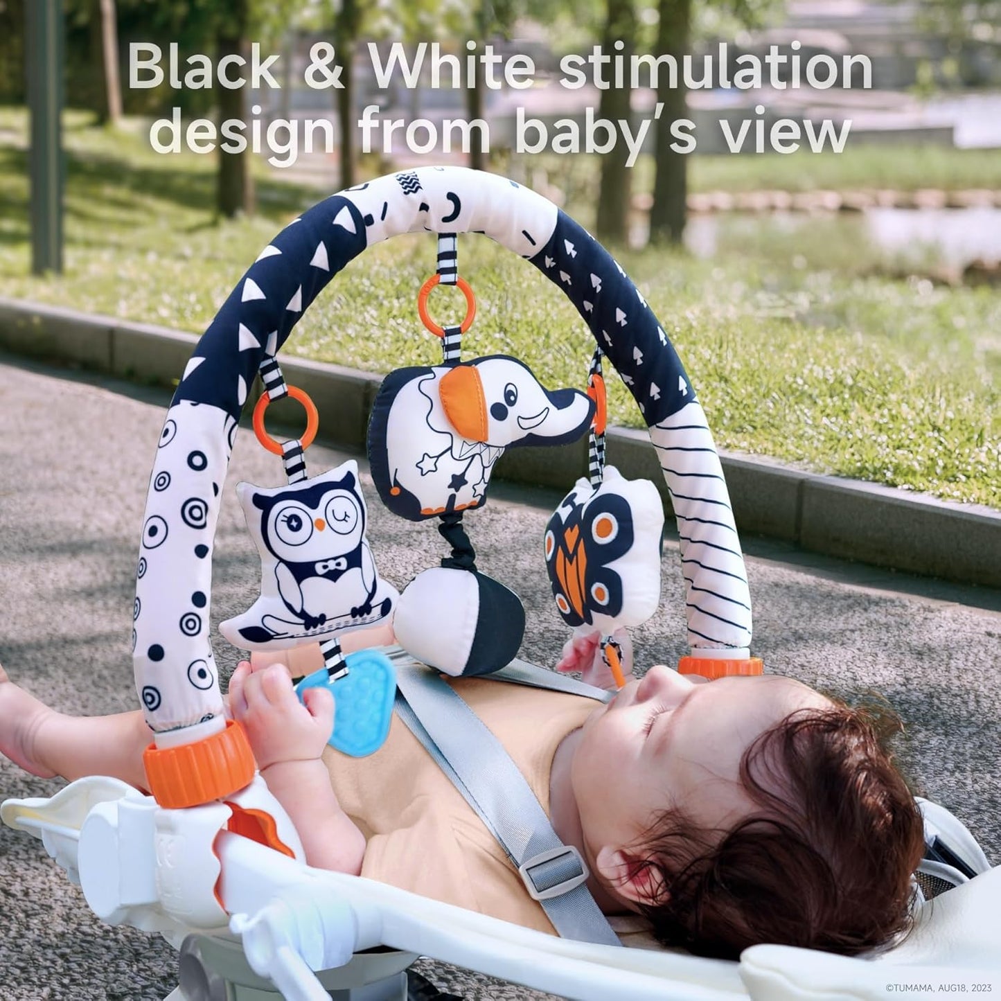TUMAMA Baby Car Seat Toys - Sensory Hanging Rattle Arch with Butterfly, Elephant & Owls | Musical Toy for Infants 0-12 Months