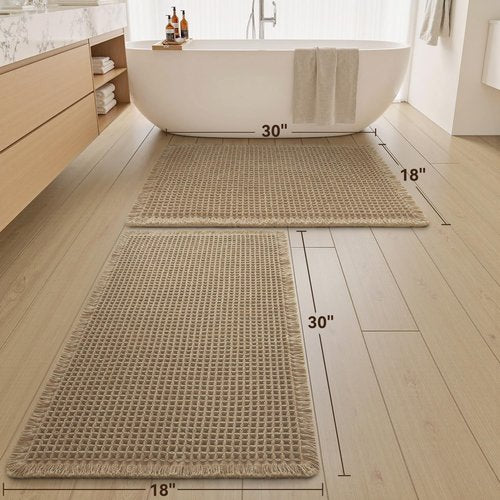 Upgraded Waffle Bath Mats Set of 2, Super Absorbent Non Slip Bath Mats for Bathroom Floor, Washable Boho Bathroom Rugs Set 2 Piece with Tassels, Soft Bathroom Mat Set, 18" x 30" (2 Pack), Brown