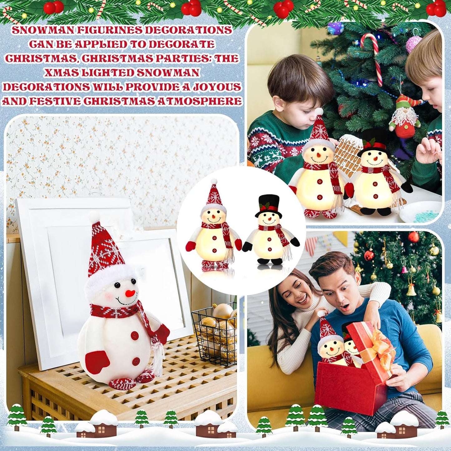 Tujoe Lighted LED Snowman Figurines - 10 Inch Christmas Tabletop Decor | Battery Operated Holiday Ornament