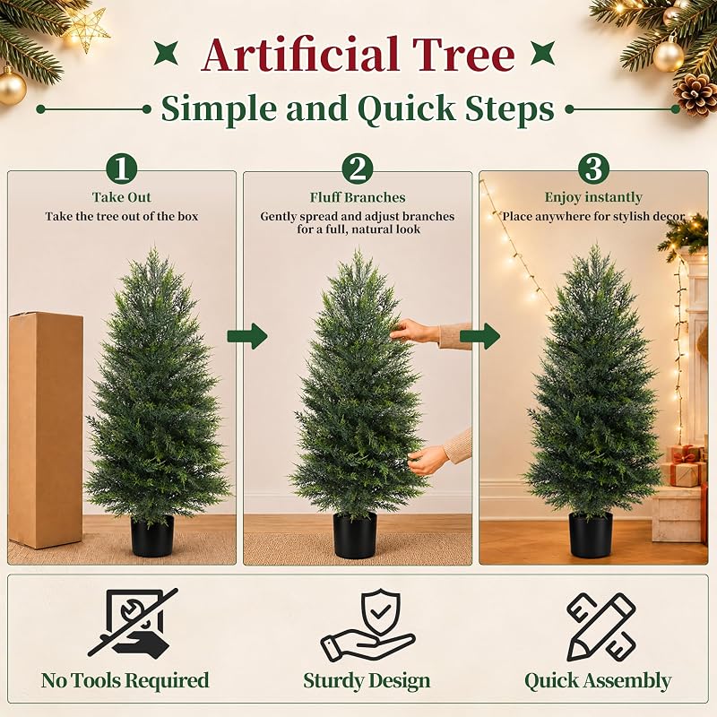 2 Pack 3ft Artificial Cedar Topiary Trees for Outdoor Front Porch - Realistic Faux Cedar