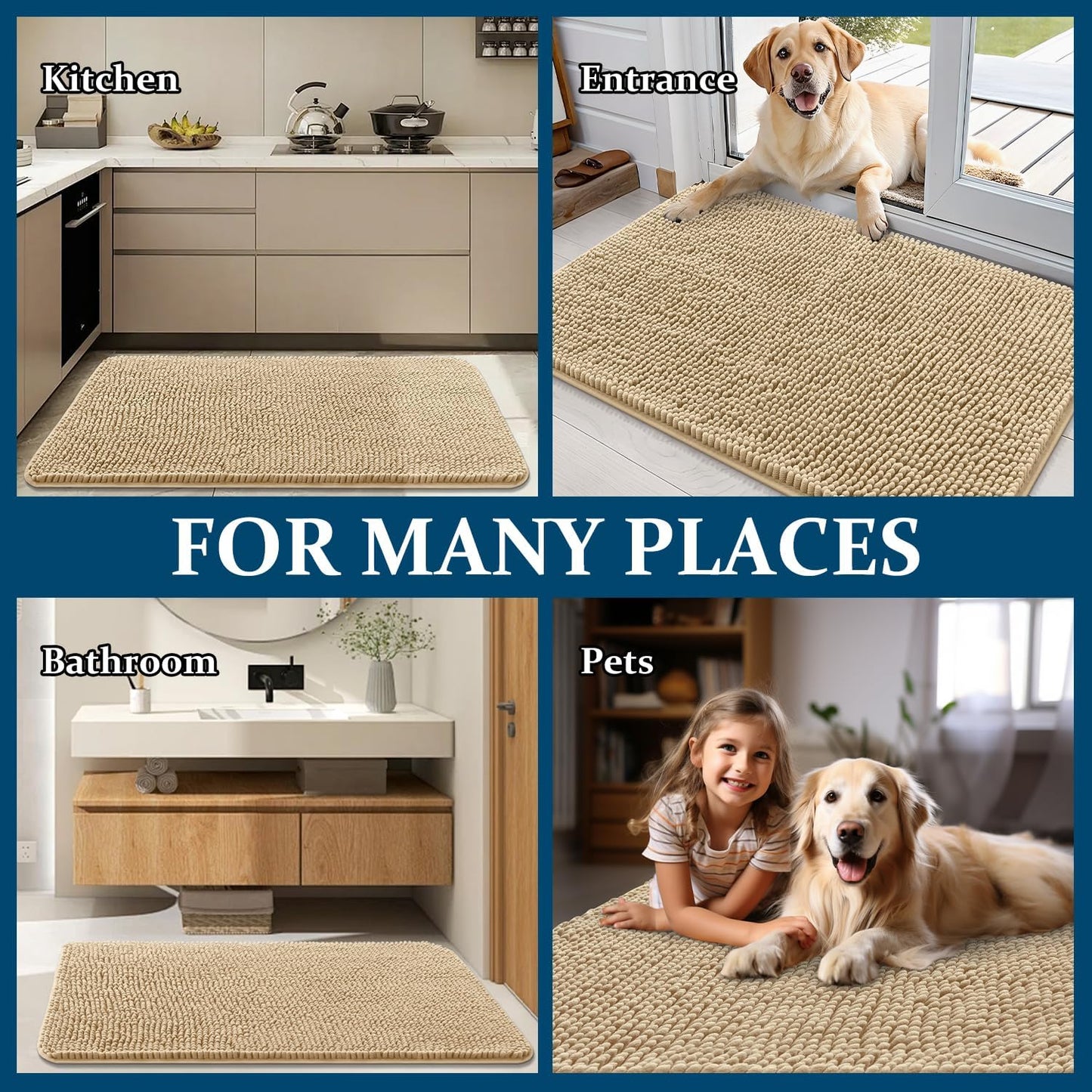 OLANLY Dog Door Mat - Absorbent Non-Slip Chenille Mat for Muddy Paws | 30x17 Inches, Beige