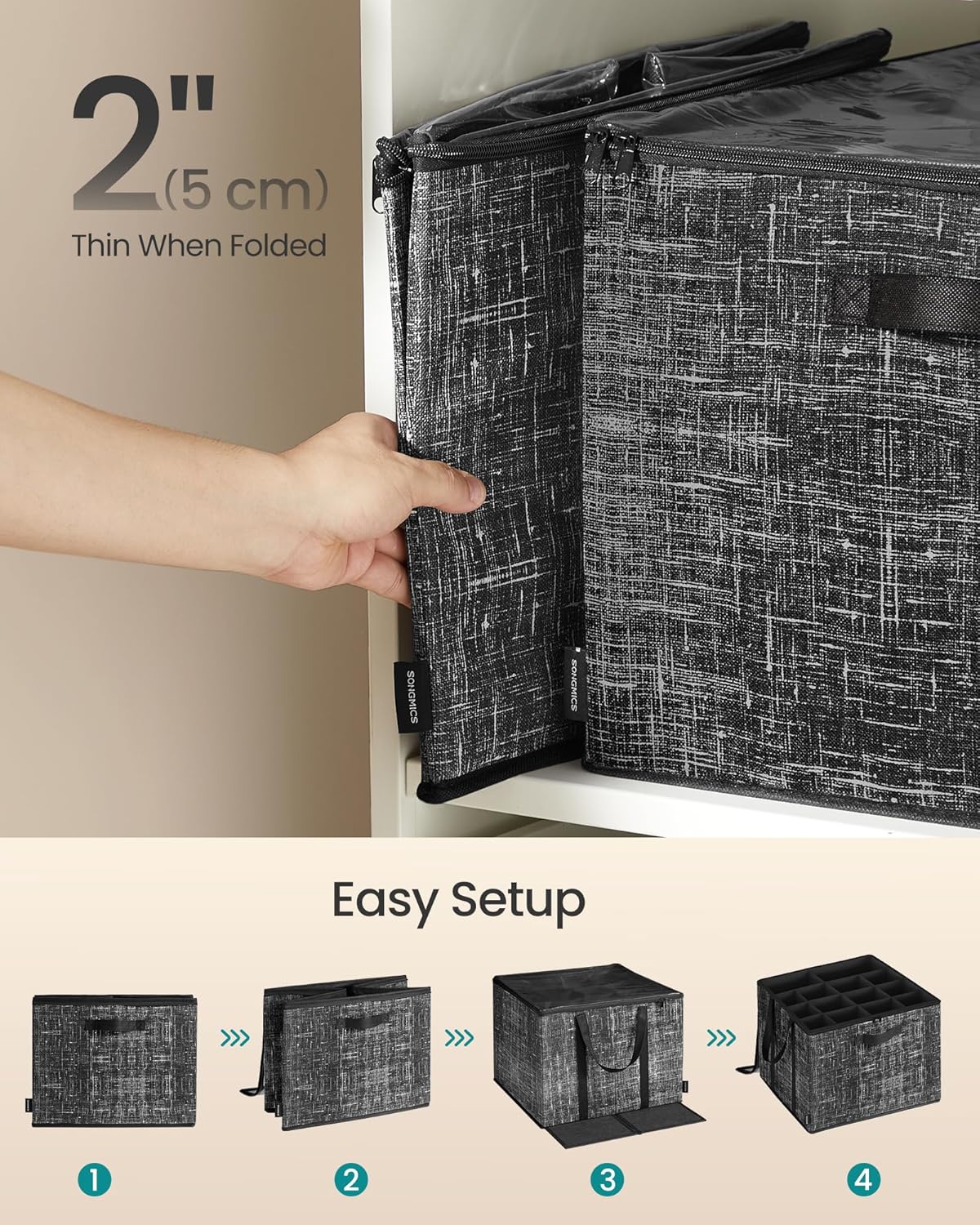 SONGMICS Shoe Organizer - Foldable Storage Box with Clear Lid | Holds 32 Pairs, Ink Black, Set of 2, 16.5 x 16.5 x 12.5 Inches
