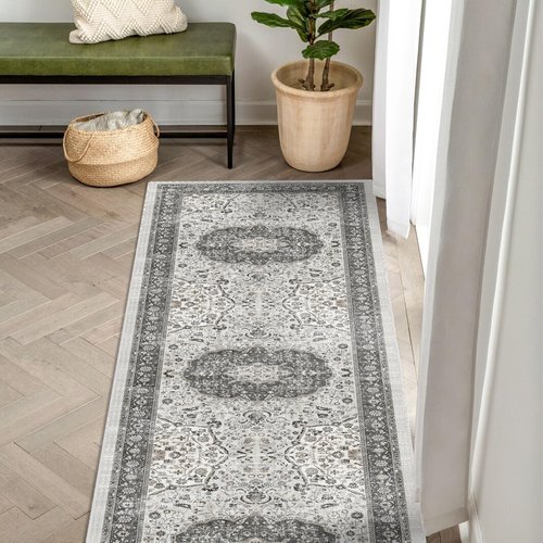 Hallway 2x5 Washable Runner Rug: Oriental Stain Resistant Kitchen Entryway Rugs Farmhouse Ultra Soft Bathroom Bedroom Print Floor Mat Thin Non Slip Indoor Carpet for Living Room Laudry(2X5, Grey)
