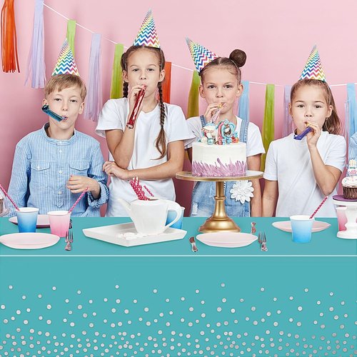 Breling Disposable Tablecloths - Teal Blue & Silver Dot Design for Parties | 54 x 108 Inch
