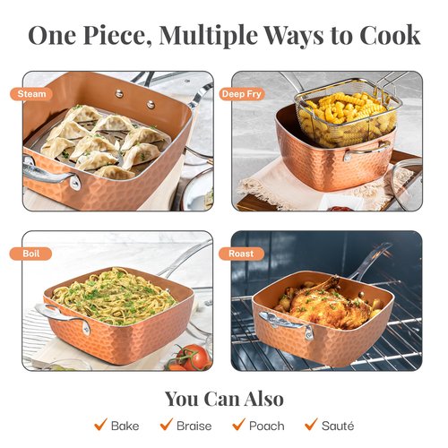 GOTHAM STEEL Nonstick Square Deep Frying Pan, 9.5” Large Cooking Pan with Ceramic Nonstick Coating, Deep Fryer Pot with Basket, 4 Pc Titanium Ceramic with Lid, Basket & Steamer Tray, Dishwasher Safe