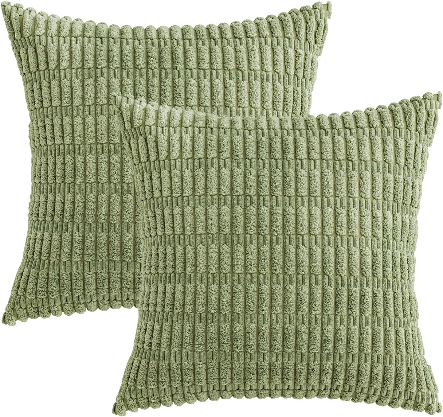 MIULEE Decorative Throw Pillow Covers - Soft Boho Striped Corduroy | Pack of 2, 16x16 Inch, Sage Green