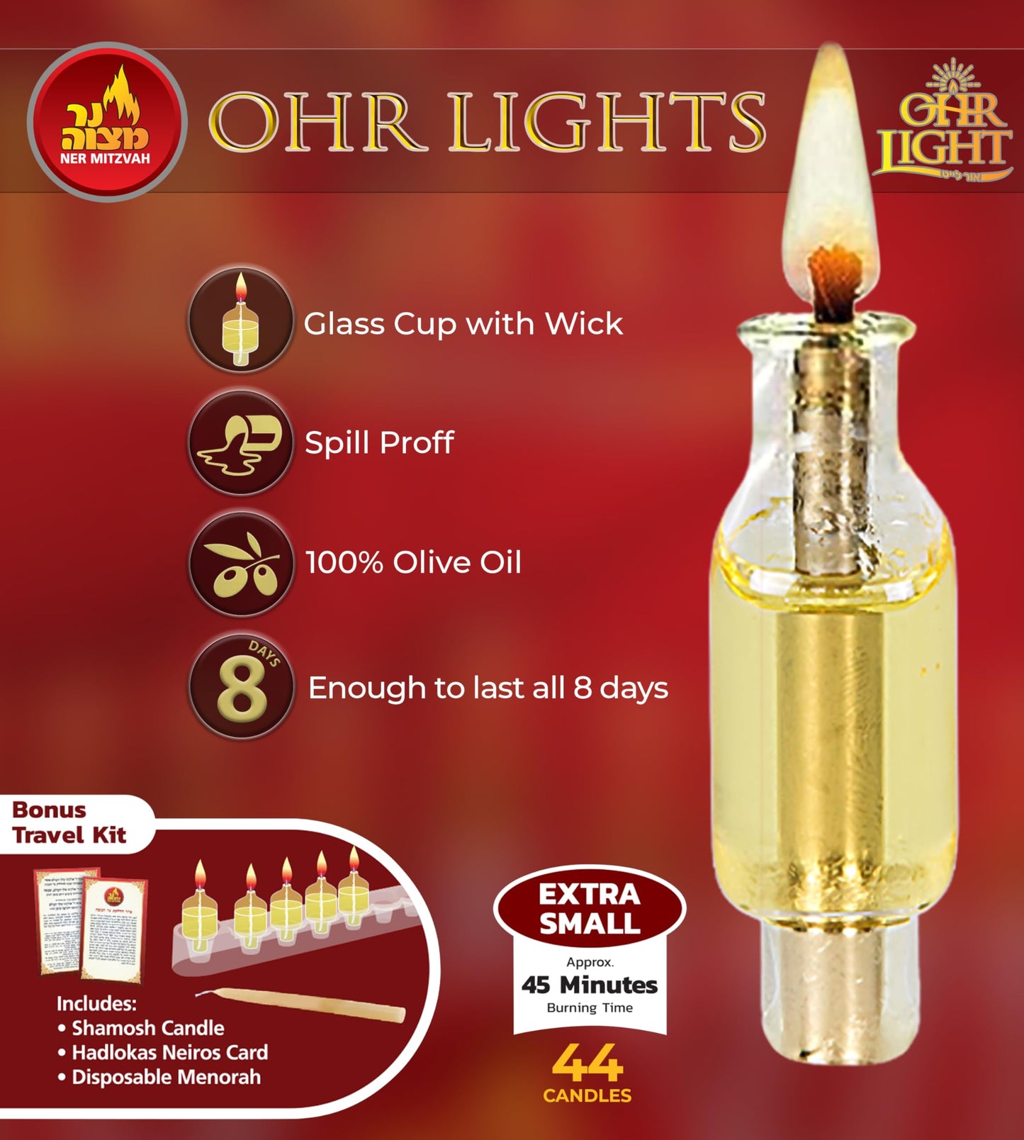 Ner Mitzvah Pre Filled Hanukkah Menorah Oil Cups, 100% Olive Oil Menorah Cups with Wick Ready to Use, Ohr Lights (Pack of 44), X - Small (Burns Approx 45 Minutes)
