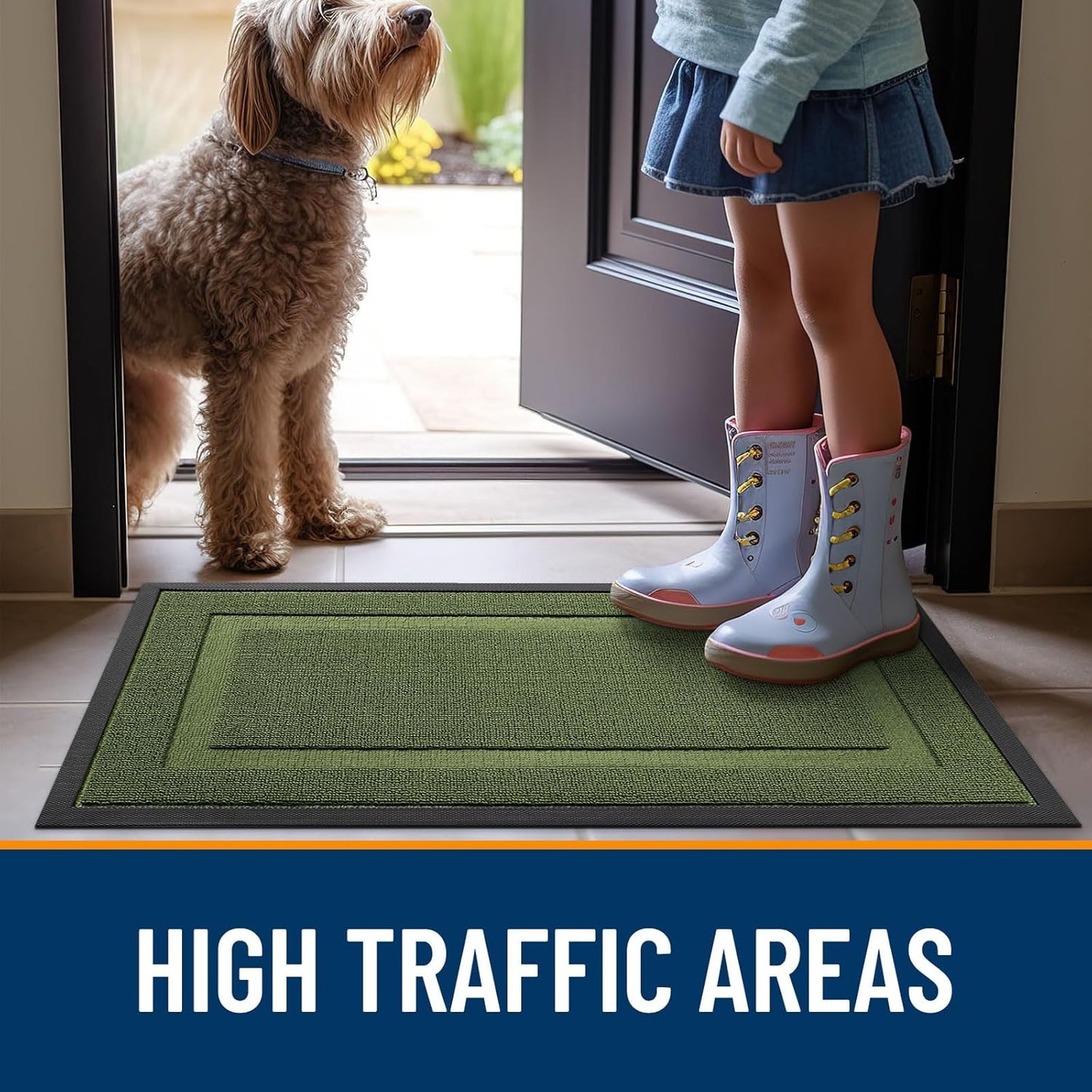 OLANLY Waterproof Front Door Mat - All-Season Natural Rubber Doormat | Easy Clean, 71x23, Classic Green