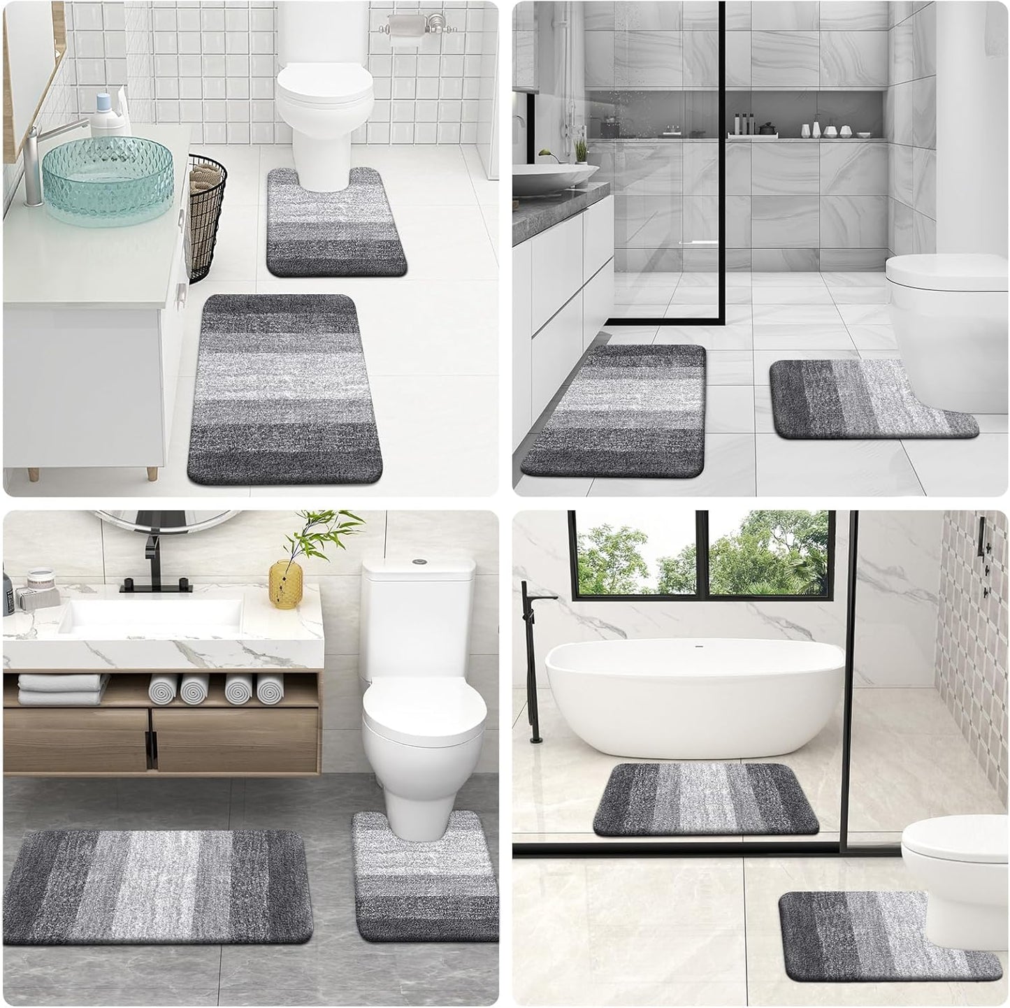 OLANLY Bathroom Rug Set - Soft Absorbent Microfiber Mats & U-Shaped Contour Rug | Non-Slip, Machine Washable, Grey (24"x16" + 24"x20")