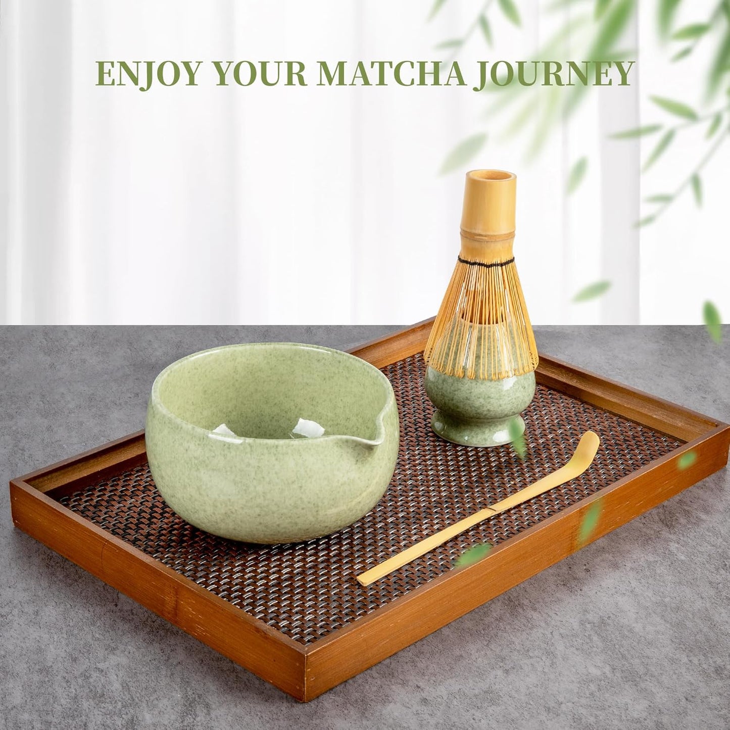 YIBO Matcha Whisk Set - Complete Ceramic Matcha Making Kit with Bamboo Whisk & Accessories | Mottled Green