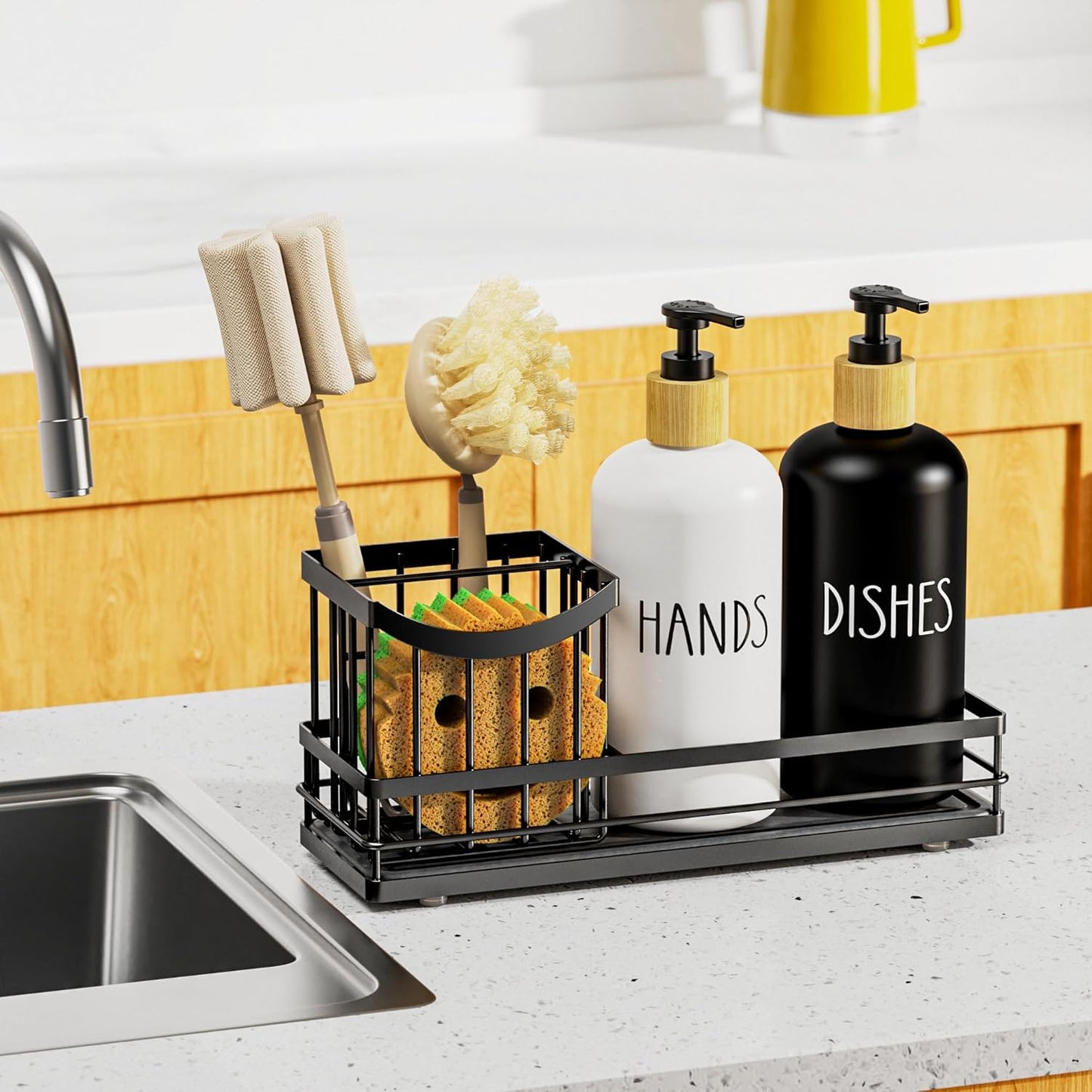 Moforoco Kitchen Dish Soap Dispenser Set - 16oz Glass Bottle with Non-Slip Silicone Pad & Brush Holder