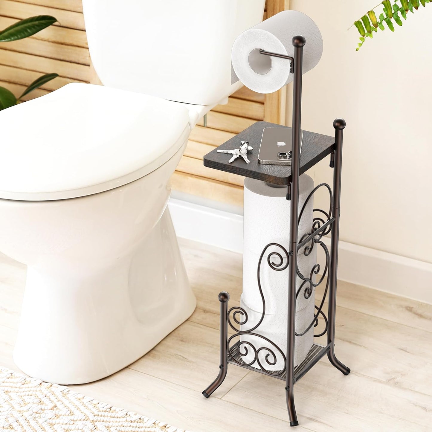 Simple Houseware Toilet Tissue Roll Holder Stand - English Style with Shelf in Bronze Finish