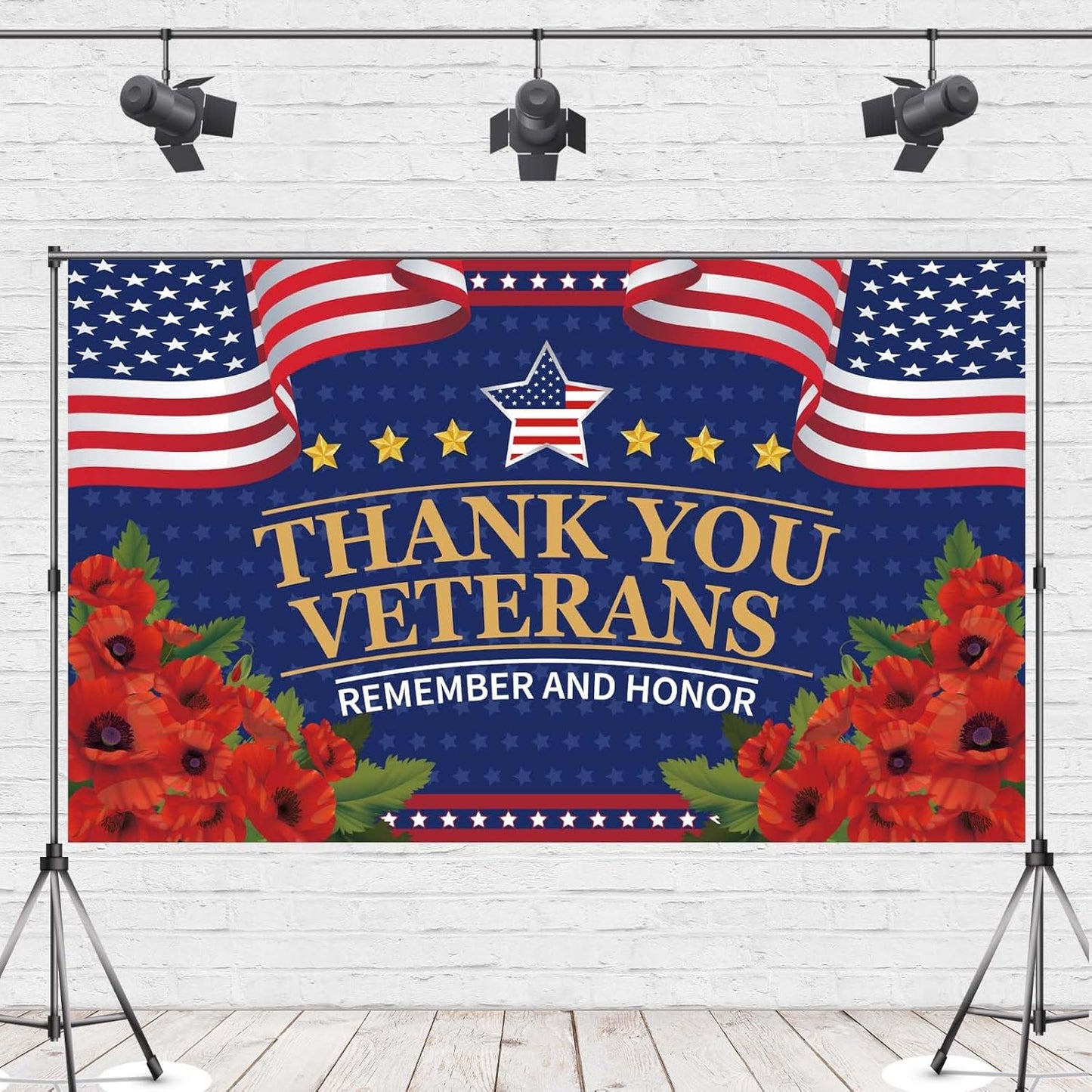 Veterans Day Decorations - Red Poppies Thank You Banner | Patriotic Fourth of July Backdrop