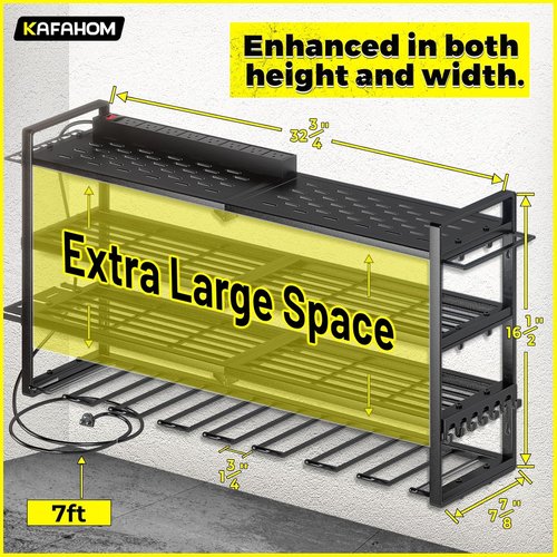 KAFAHOM Power Tool Organizer - Wall-Mounted Charging Station with 8 Drill Holder & Power Strip