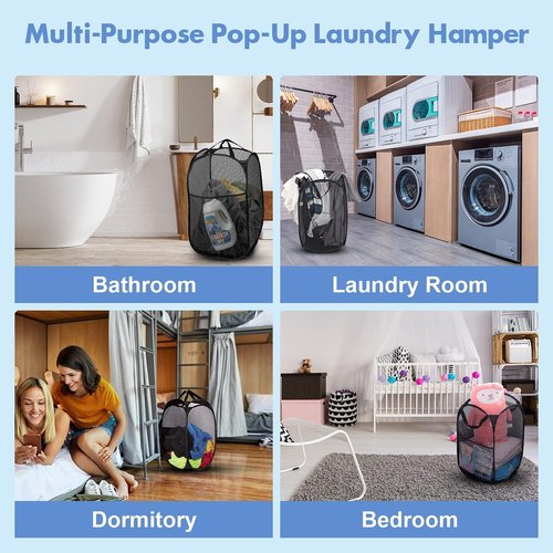 DUCOO Pop Up Laundry Hamper - 70L Collapsible Mesh Basket with Side Pocket | Foldable Black Storage Solution for Home & Travel