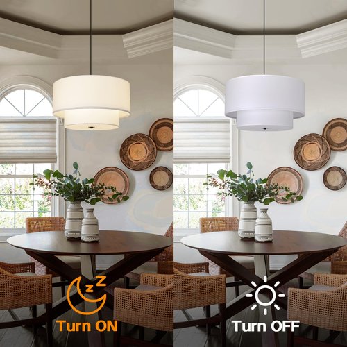 HILUXIA 18" Drum Fabric Pendant Light, Large Modern Hanging Ceiling Chandelier Fixture with Dual Layer Fabric Shade, Ideal for Dining Room, Living Room, Bedroom, and Kitchen