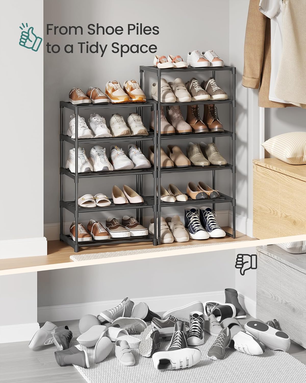 SONGMICS 10-Tier Shoe Rack - Versatile Metal Organizer for 11-22 Pairs | Black, 11.8 x 17.7 x 68.5 Inches