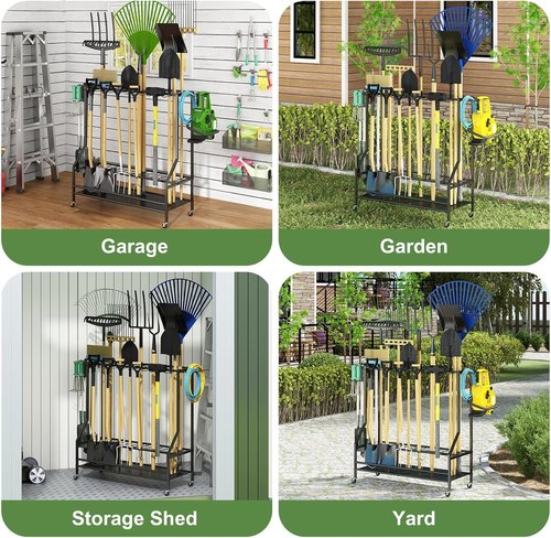 GILLAS Garden Tool Organizer - Sturdy Metal Storage Rack with Hooks for Long-Handled Tools | Black