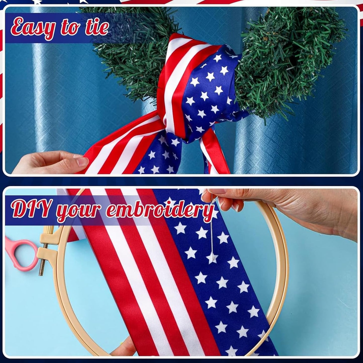 YKW Patriotic Wreath Sash - American Flag Fine Linen Ribbon, 5" W x 55" for 4th of July Decor