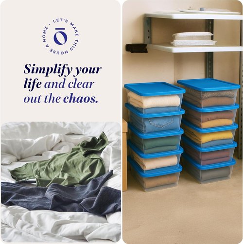 HOMZ 10-Pack Snaplock Storage Organizer Bins - Clear Plastic Containers with Lids, 6 Quart, Blue