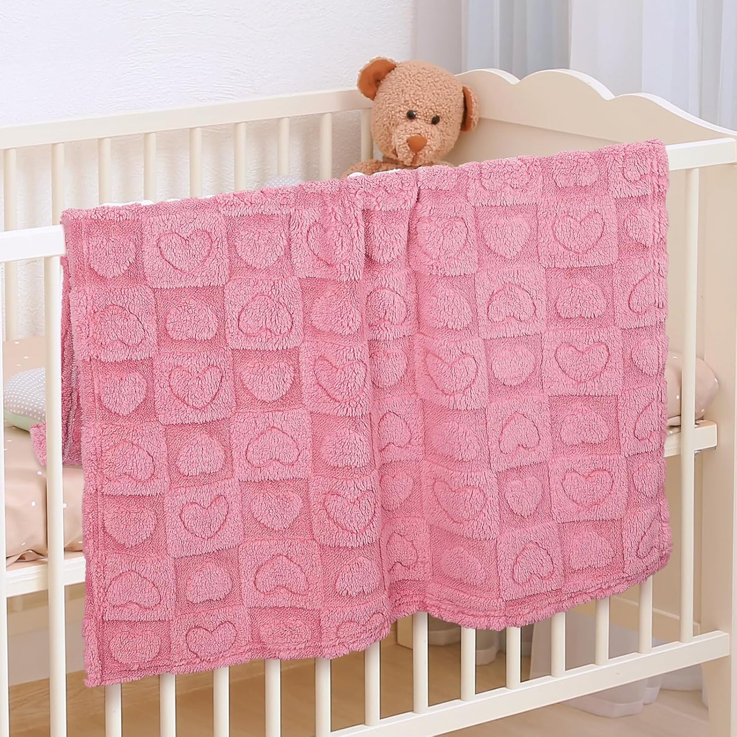 Skiennix Plush Soft Heart Checkered Baby Blanket - Warm Lightweight Fleece for Infants | 30" x 39" Deep Pink