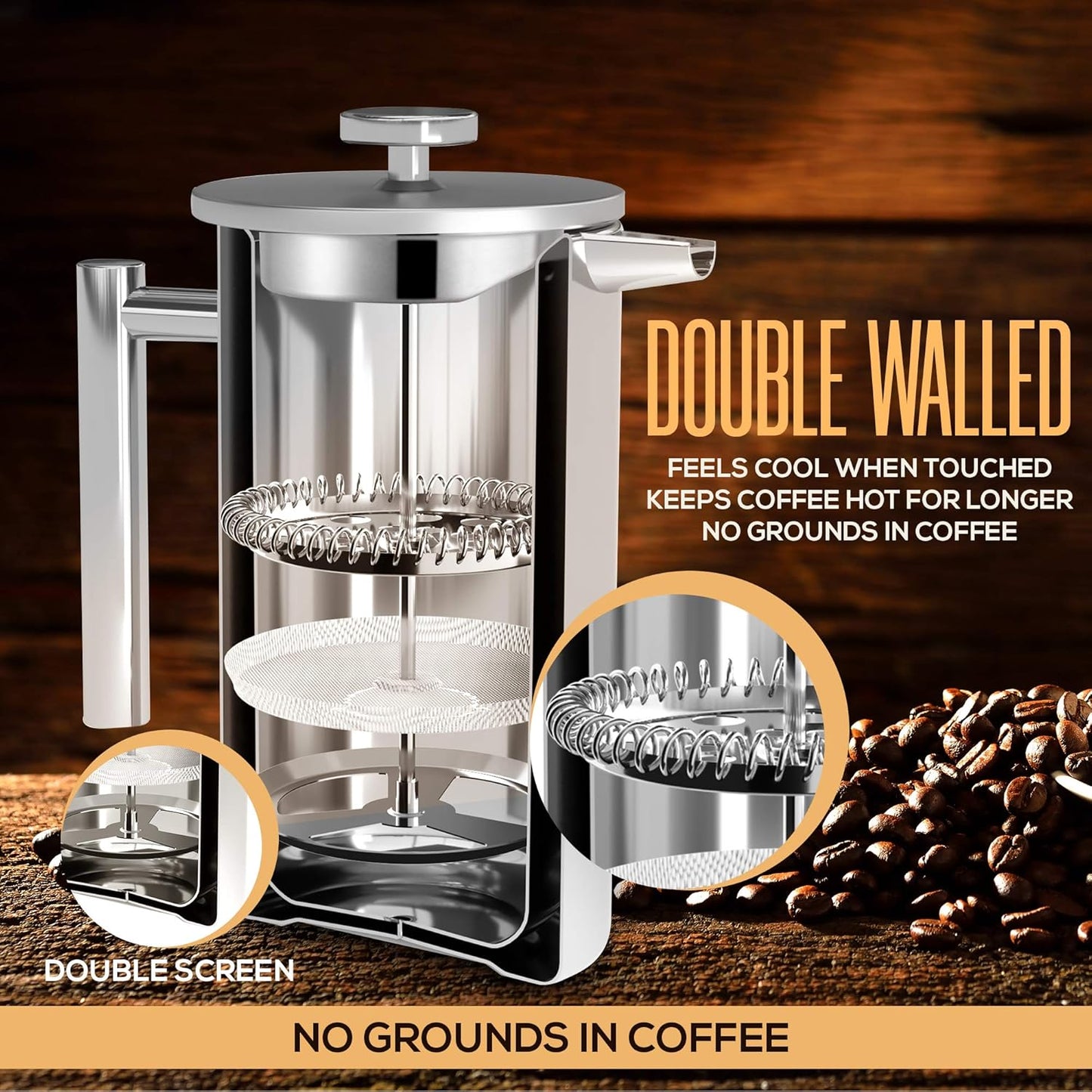 Utopia Kitchen 34 Oz Stainless Steel French Press Coffee Maker - Double Wall Insulated, 4-Level Filtration, Rust-Free, Dishwasher Safe