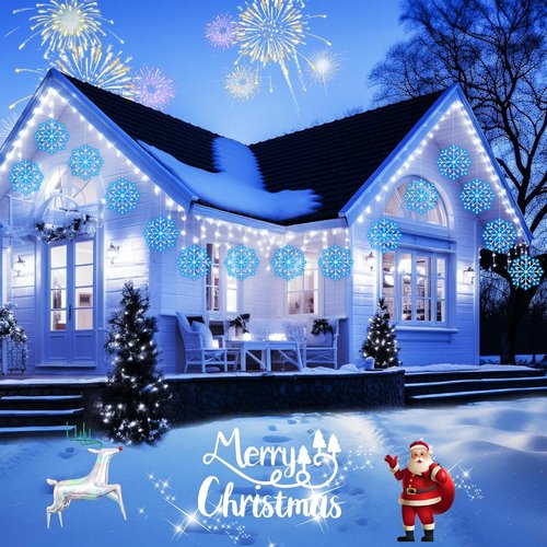 Brightown Christmas Snowflake Icicle Lights - 23.6ft 10 Drops with 480 LEDs for Indoor/Outdoor Decor | Blue & White