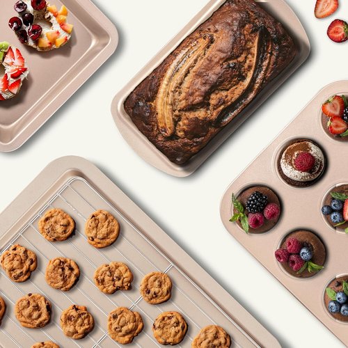 KITESSENSU Nonstick Baking Pans Set - 7-Piece Bakeware with Round, Square, Loaf, Muffin, Cookie & Roast Pans | Gold
