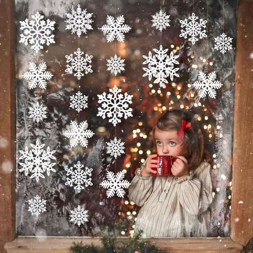 Kockuu Christmas Ornaments - 49Pcs White Glitter Snowflake Decorations for Tree & Home Decor