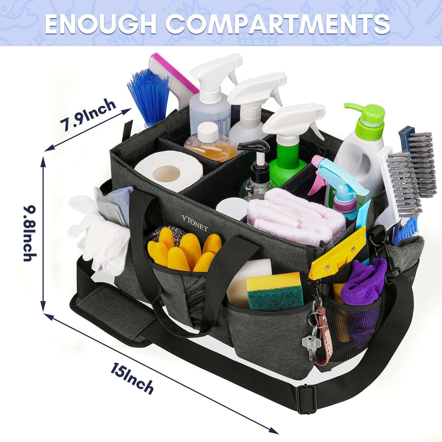 Ytonet Wearable Cleaning Caddy Bag, Large Cleaning Supplies Organizer with 4 Foldable Dividers, Caddy Organizer with Handle & Shoulder Strap & Waist Strap for Cleaners & Housekeepers, Black Grey