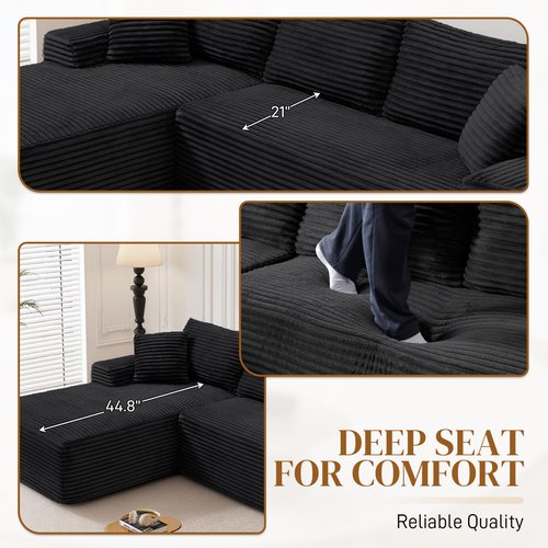 Repantes 95" L Shaped Boneless Sectional Couches, Wide Armrest, Deep Seat, Memory Foam, Assembly Free, Modern Comfy Corduroy Fluffy Cloud Sofa with Left Chaise for Living Room, Small Spaces, Black