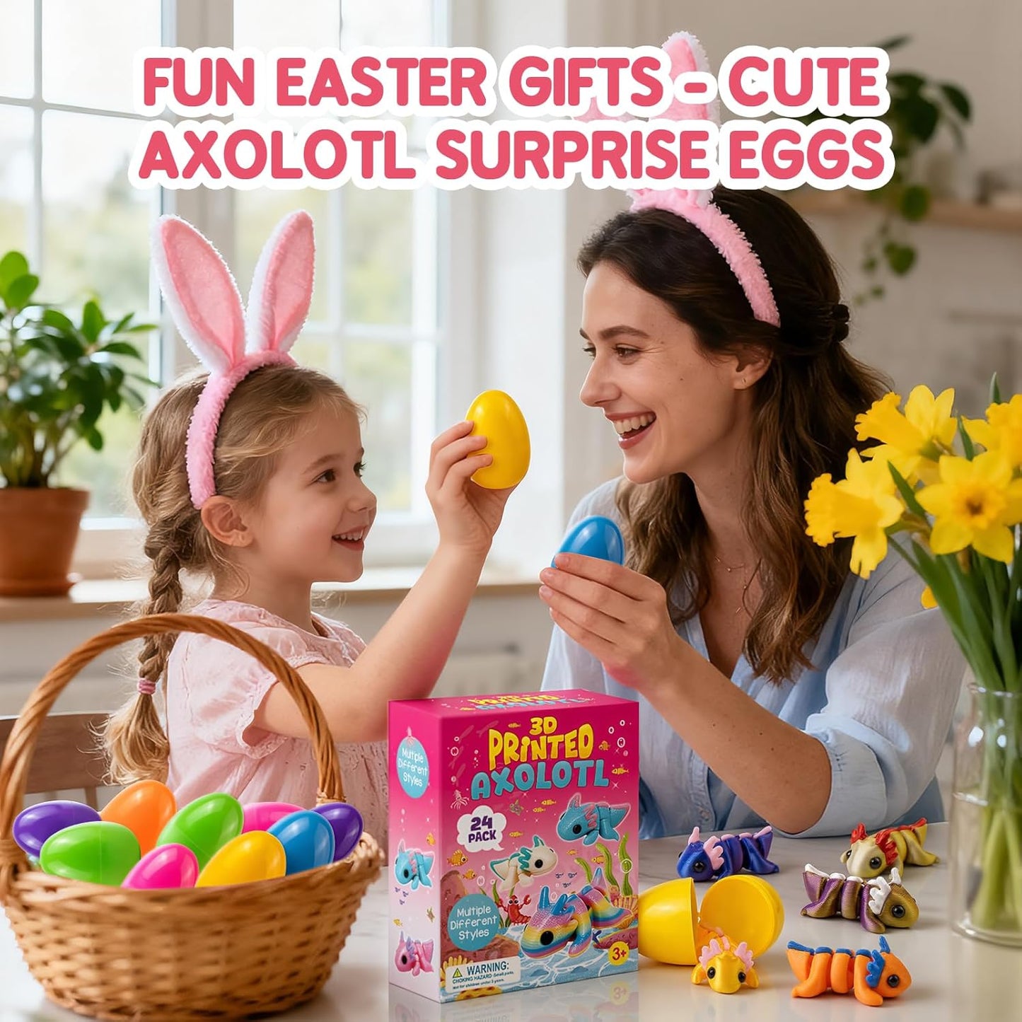 Skiennix Easter Basket Stuffers - 24 Pack Prefilled Easter Eggs with 3D Printed Axolotl Toys - Fun Mini Animal Fidget Figures for Toddlers