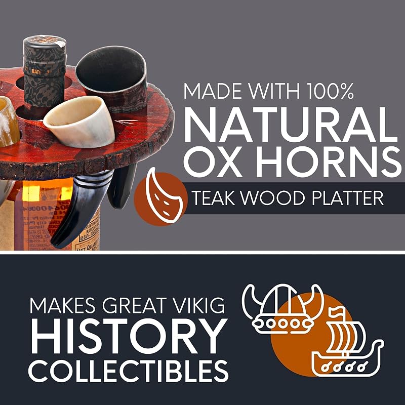 Viking Drinking Horn Set of 5 with Wooden Tray & Opener - Handmade Ox Horn Cups for Mead, Beer