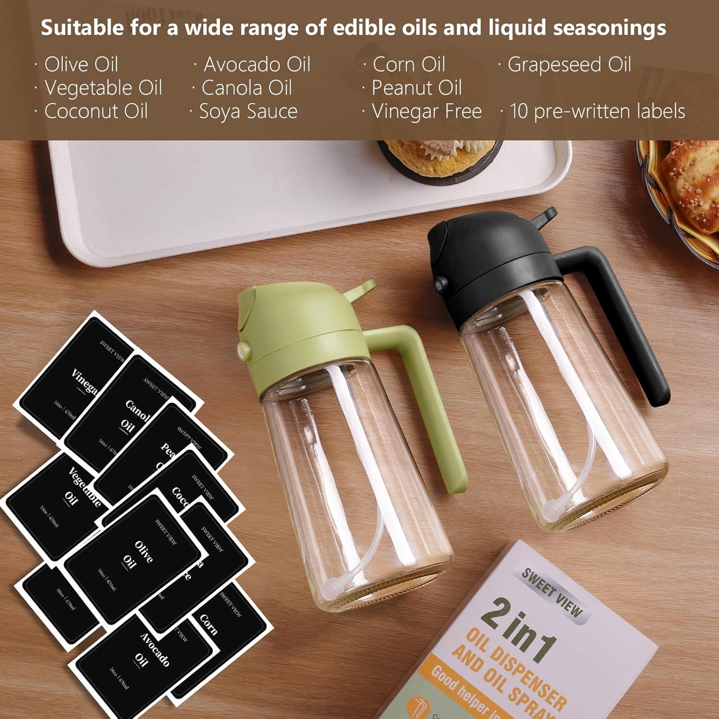Skiennix Oil Sprayer - 16oz Glass Dispenser for Cooking | Perfect for Air Fryer, Salad & BBQ