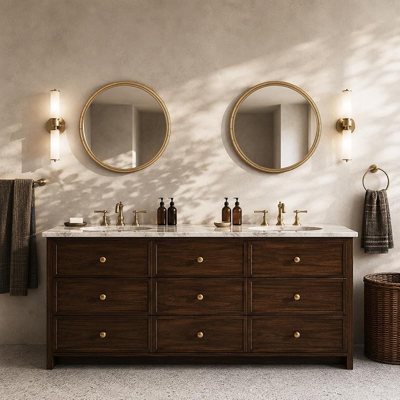 24 Inch Gold Round Wall Mirror with Bamboo Textured Frame - Decorative Vanity Circle Mirror (24"L x 24"W)