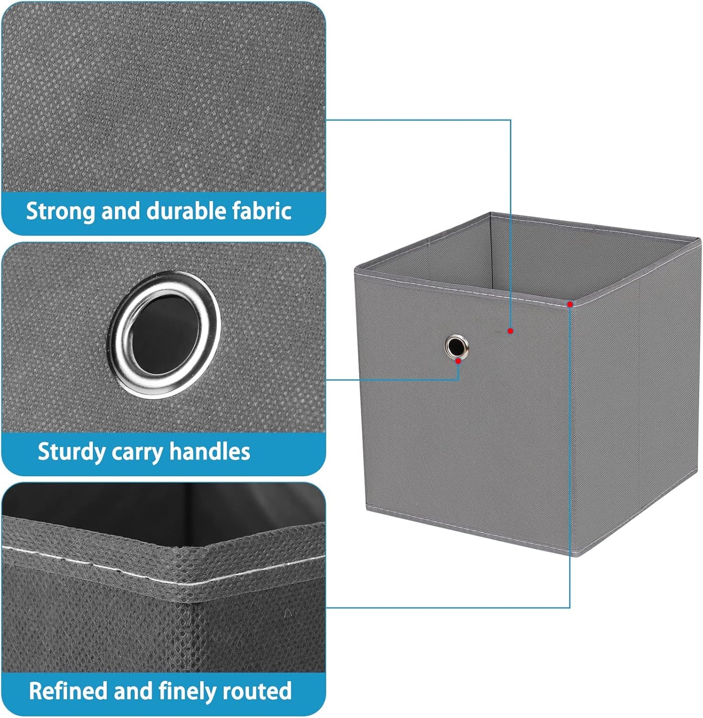Skiennix Fabric Storage Cubes - 11 Inch Foldable Cloth Bins with Handles for Closet & Nursery | Grey